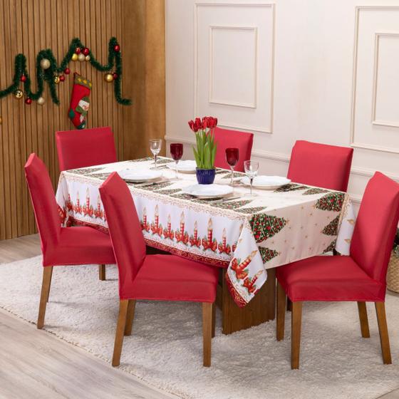 Imagem de Kit De Toalha Mesa De Jantar Estampada Com Temas Natalinos 2,20m X 1,40m E 6 Capas De Cadeiras Decorativas Para Presente