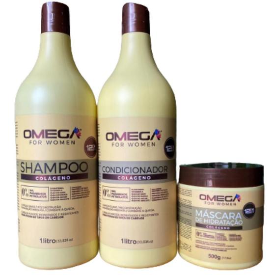 Imagem de Kit De Tratamento Capilar Colágeno 1L Shampoo, Condicionador E Máscara OmegaHair