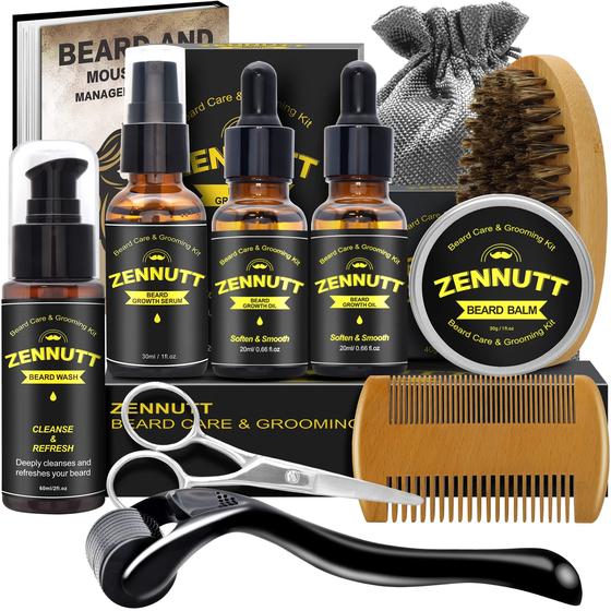 Imagem de Kit de tratamento de barba ZenNutt com 2 óleos de barba, escova, sérum e lavagem