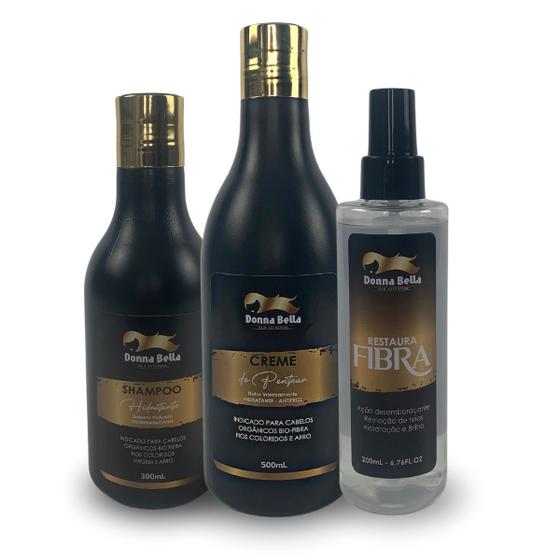 Imagem de KIT de Tratamento Para Cabelos Orgânicos e BioFibra Apliques Black e Cachos - Shampoo, Creme e Hidra Thermal Donna Bella