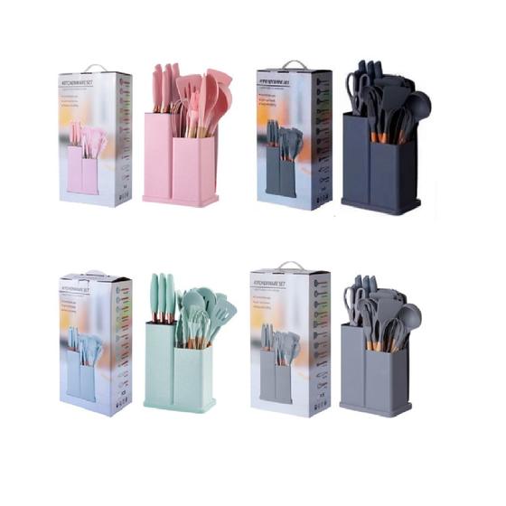 Imagem de Kit de utensilio 19 peças silicone com cabo de madeira e jogo de facas
