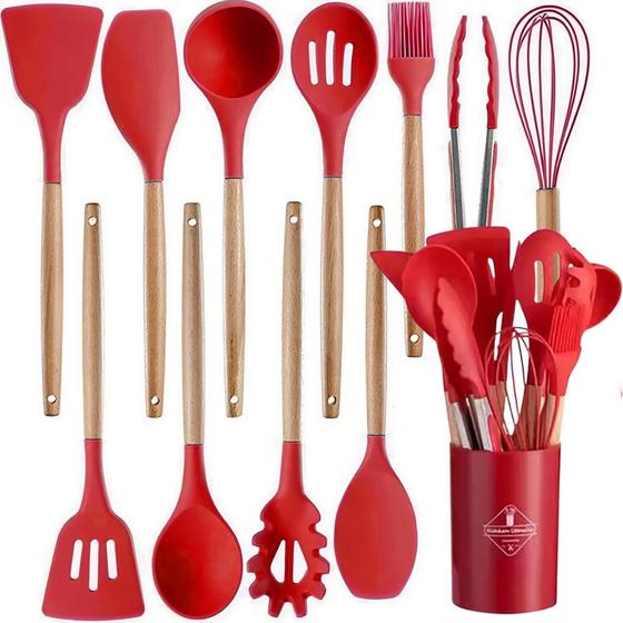 Imagem de  Kit de Utensílios de Cozinha 12 Peças: Colheres, Espátulas, Pegador de Silicone e Suporte Prático para Organizar!