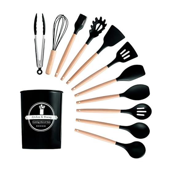 Imagem de Kit de Utensílios de Cozinha Preto 12 Peças Madeira/Silicone