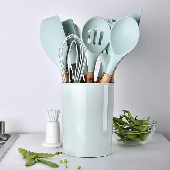 Imagem de Kit De Utensílios Silicone E Madeira p/ Cozinha 12 Peças Verde