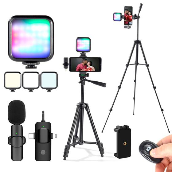 Imagem de Kit de Vlog para Iniciantes: Tripé, Microfone Sem Fio e Luz RGB para iPhone e Android