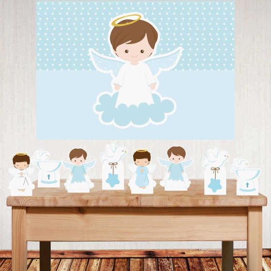 Imagem de Kit decoração Batizado Menino com painel e displays de mesa
