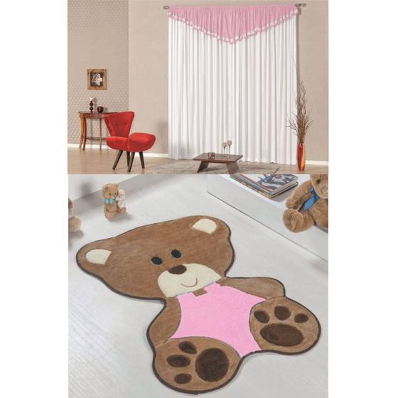 Imagem de Kit Decoração Bebê Ursa p/ Quarto Infantil = Cortina Riviera 2 Metros + Tapete Pelúcia - Rosa