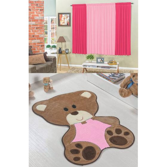 Imagem de Kit Decoração Bebê Urso p/ Quarto Infantil = Cortina 2 Metros + Tapete Pelúcia - Rosa