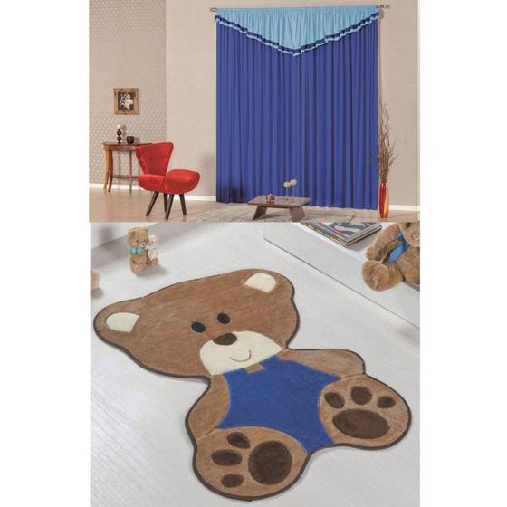 Imagem de Kit Decoração Bebê Urso p/ Quarto Infantil = Cortina Riviera 2 Metros + Tapete Pelúcia - Azul Royal