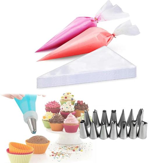 Imagem de Kit Decoração Bolos 12 Bicos Confeitar Torta Profissional + Kit 100 Sacos Confeiteiro 30cm Descartáveis