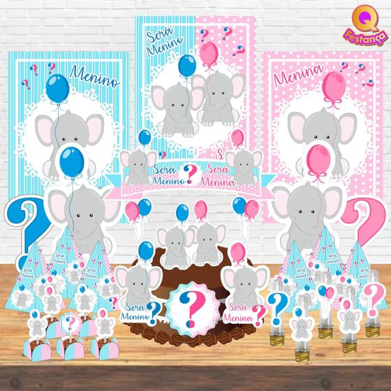 Imagem de Kit Decoração de Festa Aniversário Chá Revelação Elefantinho Rosa e Azul Qfestança -78 Itens