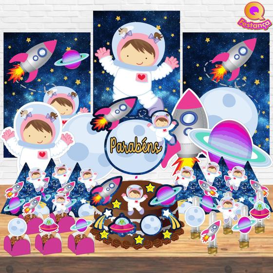 Imagem de Kit Decoração de Festa Aniversário Topper Astronauta Castanha Lembrancinhas  QFestança -78 Itens