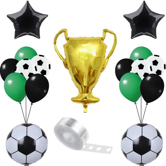 Imagem de Kit Decoração Festa Futebol: 2 Balão Metalizado Bola de Futebol +1 Balão Troféu +2 Balão Estrelas + 75 Balões Bexigas 