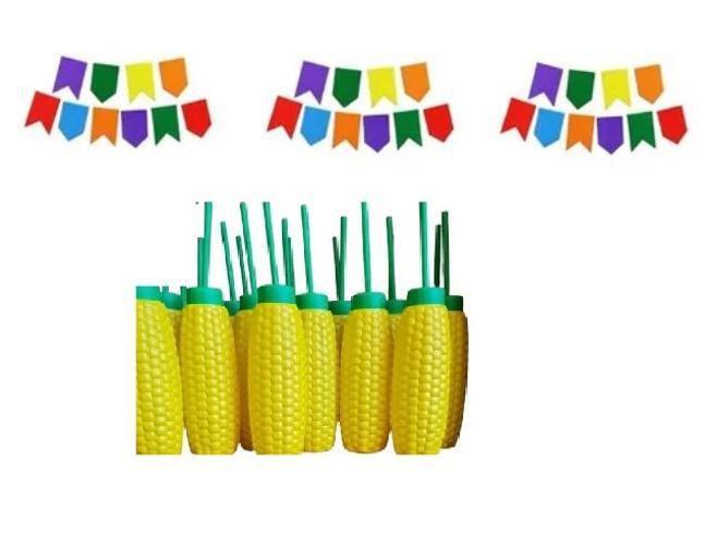 Imagem de Kit Decoração Festa Junina Caipira Copo Milho + Bandeirinhas