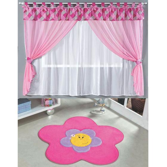 Imagem de Kit Decoração Infantil Fofurinha = Cortina Voal 2 Metros + Tapete Pelúcia Menina Flor - Pink