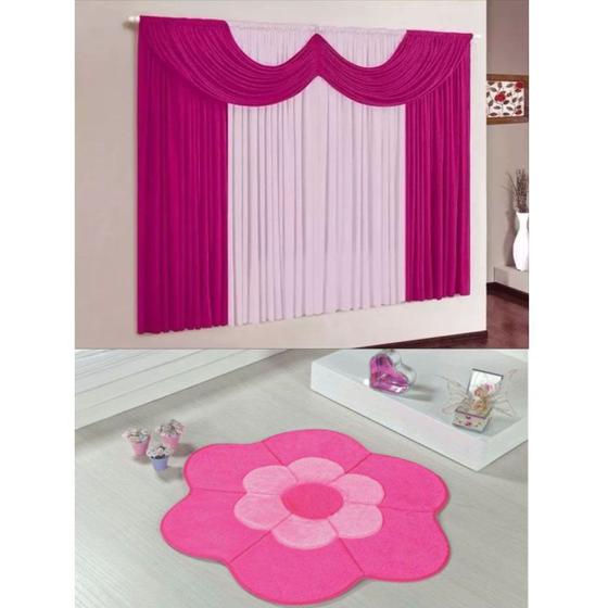 Imagem de Kit Decoração Mimos Quarto Infantil = Cortina Malha 2 Metros + Tapete Pelúcia Margarida Dupla - Pink