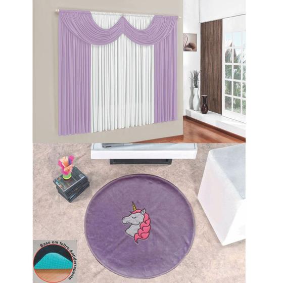 Imagem de Kit Decoração Mimos Quarto Infantil = Cortina Malha 2 Metros + Tapete Pelúcia Unicórnio - Lilás