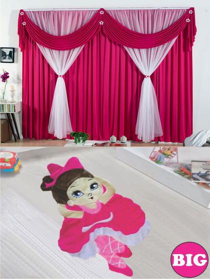 Imagem de Kit decoração p/ Quarto de Menina = Cortina Malha Jéssica + Tapete Pelucia Big  Jully - Pink