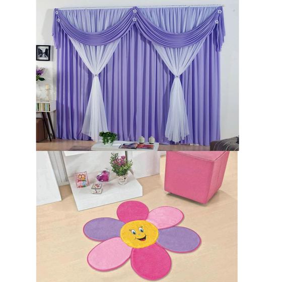 Imagem de Kit Decoração p/ Quarto Infantil = Cortina Jéssica 2 Metros + Tapete Pelúcia Pétala - Lilás