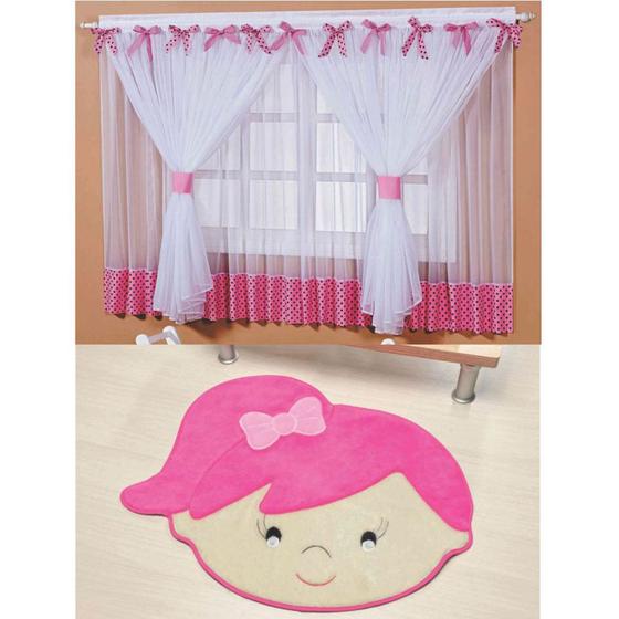 Imagem de Kit Decoração Sonho Meu p/ Quarto Infantil = Cortina Voal 2 Metros + Tapete Pelúcia Menina Lívia - Pink