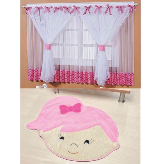 Imagem de Kit Decoração Sonho Meu p/ Quarto Infantil = Cortina Voal 2 Metros + Tapete Pelúcia Menina Lívia - Rosa