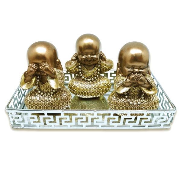 Imagem de Kit Decoração Trio Budas Dourados na Bandeja Espelhada 10 cm