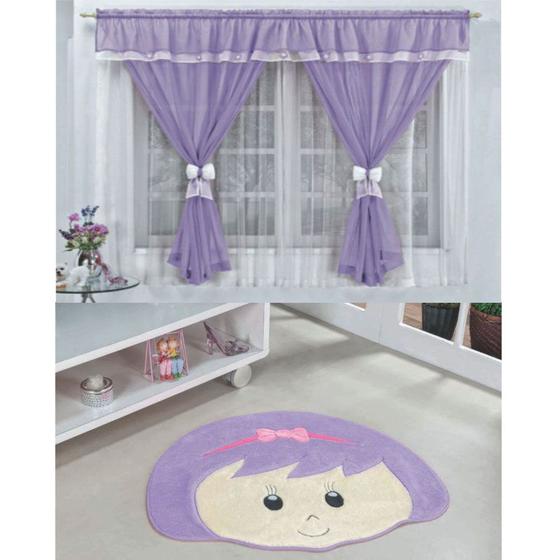 Imagem de Kit Decoração Vitória Quarto Infantil = Cortina Voal 2 Metros + Tapete Pelúcia Menina Laço - Lilás