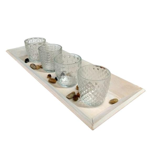 Imagem de Kit Decorativo de Vidro para Velas Artesanais com 5 peças (4 copos + 1 Bandeja Retangular) - 46x17x5cm