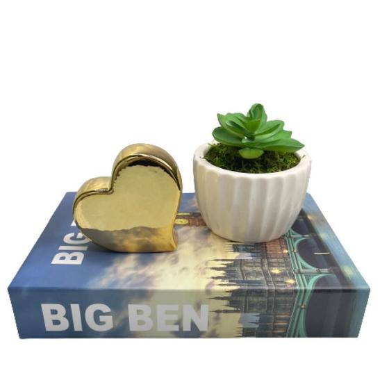 Imagem de Kit decorativo livro Big Ben + vaso branco + coração dourado