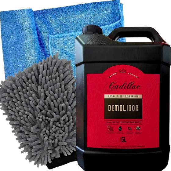 Imagem de Kit Demolidor Cadillac Shampoo Lavagem Pesada Automotiva Desengraxante Espuma Alta Densidade 5L Toalha Secagem Detailer Luva Microfibra 