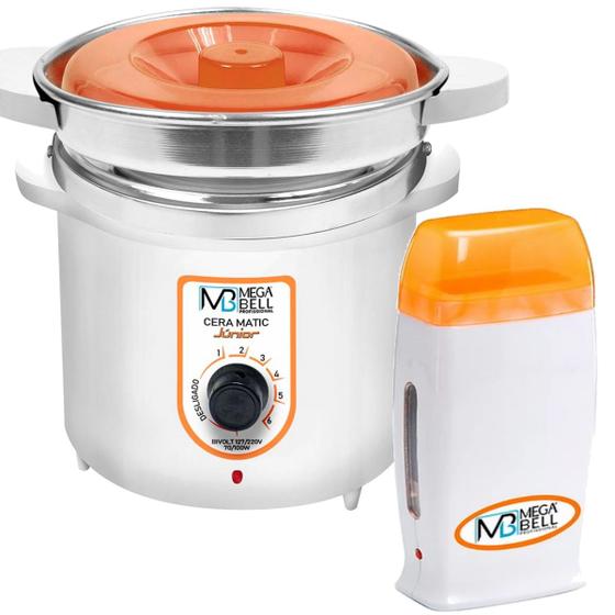 Imagem de Kit Depilação Termocera 400gr Com Refil Branca Com Laranja + Aquecedor de Cera Roll-on Laranja Mega Bell