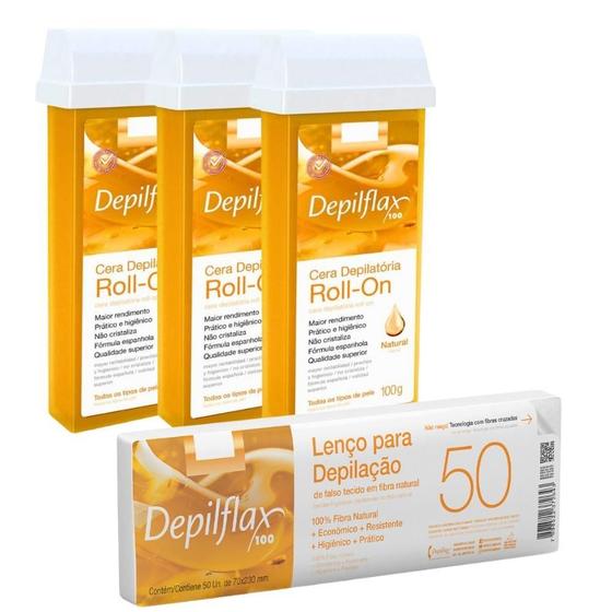 Imagem de Kit Depilflax 50 Lenços + 03 Ceras Rollon Natural