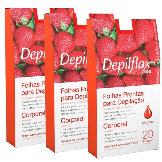 Imagem de Kit Depilflax Pack 3 Caixas Folhas Morango Depilação 20 Un