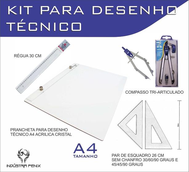 Imagem de Kit Desenho Técnico Prancheta a4 Acrilico Cristal Engenharia Arquitetura Par Esquadro 26 cm Compasso Cis 303 - Fenix