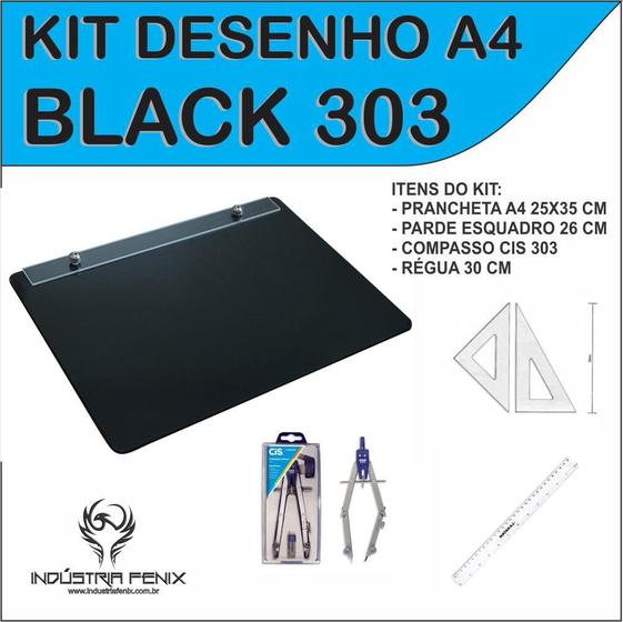 Imagem de Kit Desenho Técnico Prancheta A4 Preto Esquadro 26Cm Cis303