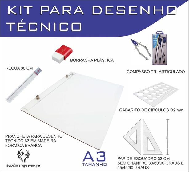 Imagem de Kit Desenho Técnico Prancheta Engenharia ARQUITETURA A3 FORMICA Esquadro 32 Compasso 303 GABARITO BORRACHA Regua 30 CM
