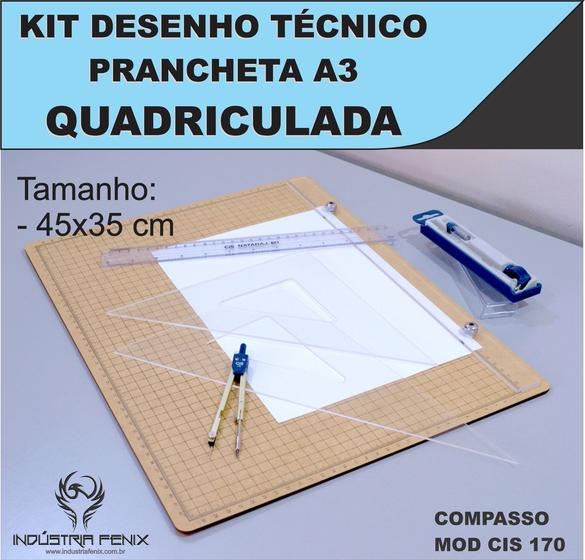 Imagem de Kit Desenho Técnico Prancheta Engenharia Arquitetura a3 QUADRICULADA Esquadros 32 cm Compasso Cis 170 Regua 30 CM FENIX