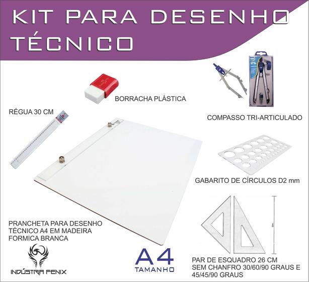 Imagem de Kit Desenho Técnico Prancheta Engenharia ARQUITETURA A4 FORMICA Esquadro 26 cm Compasso 303 GABARITO BORRACHA Regua 30 C