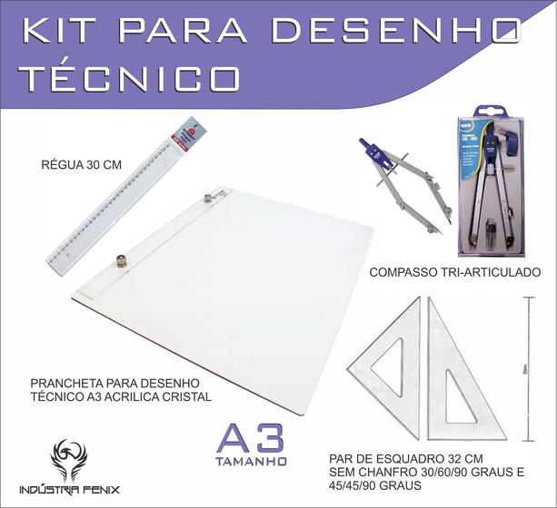 Imagem de Kit Desenho Técnico Prancheta Engenharia Arquitetura Edificações A3 ACRILICO Par Esquadro 32 cm Compasso Cis 303 Regua 3