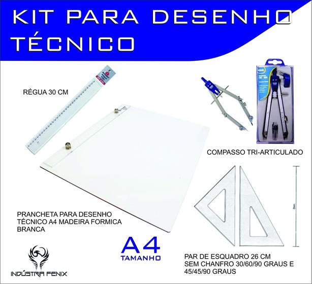 Imagem de Kit Desenho Técnico Prancheta Engenharia Arquitetura Edificações a4 Formica Par Esquadro 26 cm Compasso Cis 303 Regua 30
