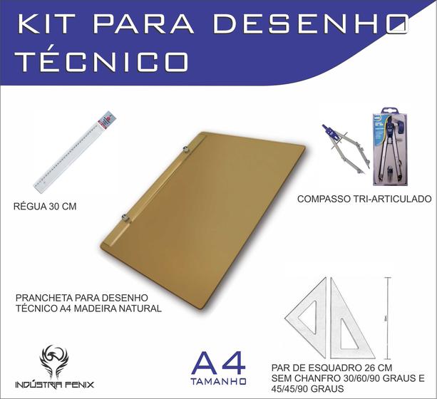 Imagem de Kit Desenho Técnico Prancheta Engenharia Arquitetura Edificações a4 NATURAL Par Esquadro 26 cm Compasso Cis 303 Regua 30