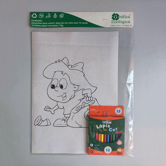 Imagem de Kit Desenhos Ecológicos p/ colorir c/ 10 folhas A4 papel reciclado com Lápis de cor mini c/ 12 cores