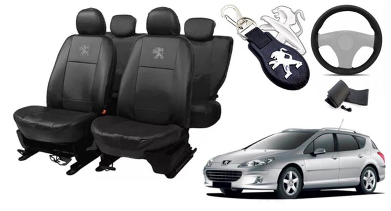 Imagem de Kit Design Elegante: Capas de Couro para Bancos Peugeot 407 2004-2011 + Capa de Volante + Chaveiro