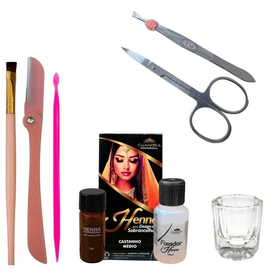 Imagem de Kit Designer Sobrancelha Henna Chandra Profissional Pincel Palito Dosador Dappen Navalha Pinça