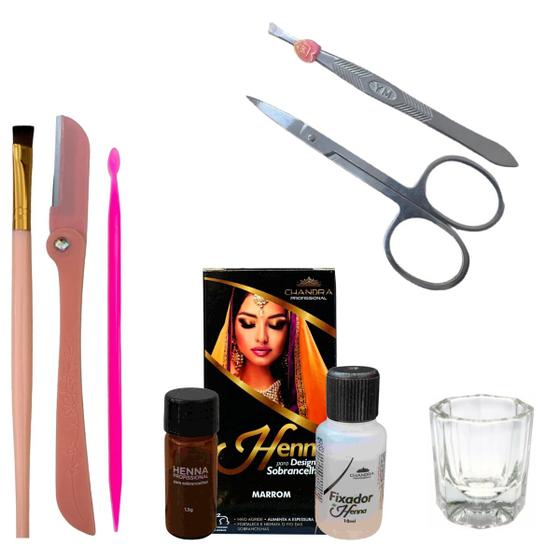 Imagem de Kit Designer Sobrancelha Henna Chandra Profissional Pincel Palito Dosador Dappen Navalha Pinça