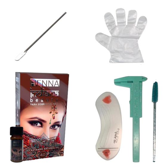 Imagem de Kit Designer Sobrancelha Henna Indiana Beauty Paquímetro 8cm Escova Aplicador de rena e 3 Moldes