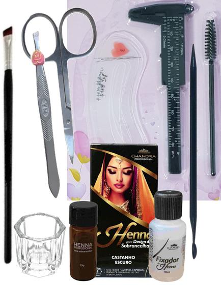 Imagem de kit designer sobrancelhas profissional henna chandra Pinça Tesoura Palito Pincel Dappen Molde Escova