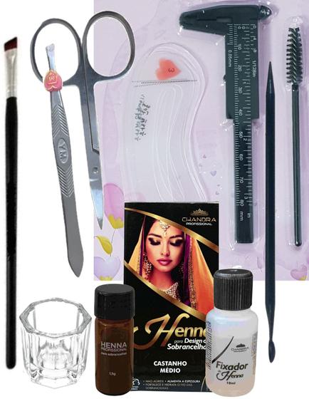 Imagem de kit designer sobrancelhas profissional henna chandra Pinça Tesoura Palito Pincel Dappen Molde Escova