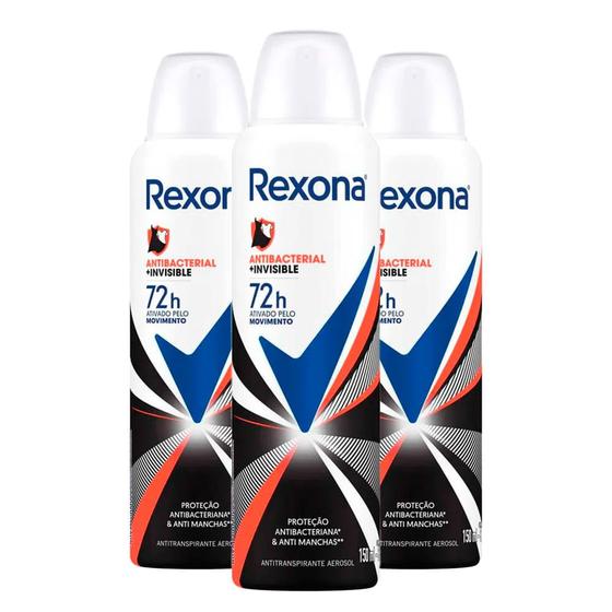 Imagem de Kit Desodorante Aerosol Rexona Antibacterial + Invisible 150ml/90g - 3 Unidades