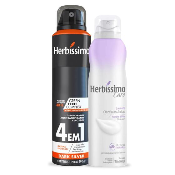 Imagem de Kit Desodorante Aerossol Antitranspirante Herbíssimo Dark Silver e Care Lavanda 150Ml